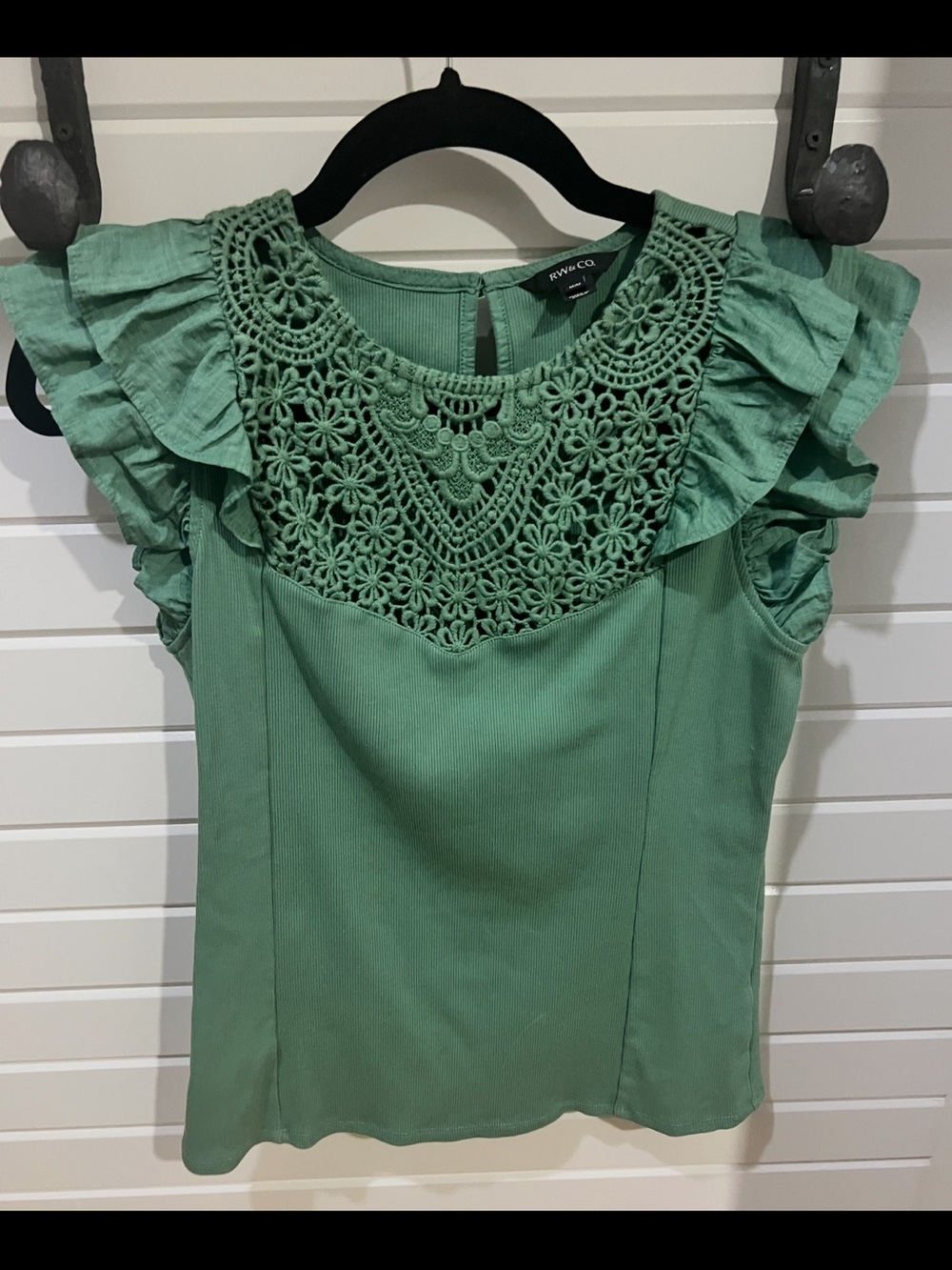 RW&CO. Sage Green Crochet Yoke Flutter Sleeve Top